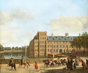 709 Gerrit Adriaensz Berckheyde, Een jachtstoet bij de Hofvijver in Den Haag, gezien vanaf het Buitenhof