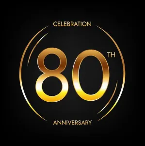 Spotlight Prints: 80th anniversary. Eighty years birthday celebration banner in bright golden color
