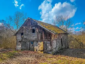 Non Urban Prints: Abandoned 19th century wooden house with a mossy roof in a rural field in Lithuania