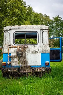 Screw Prints: Abandoned vintage car blue lush green grass broken glass