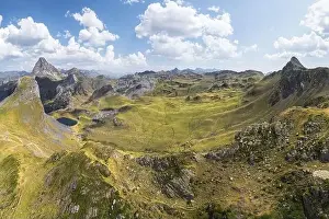 From above, panoramic aerial shot captures the stunning landscape of Lacs d'Ayous