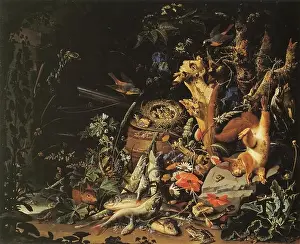 Abraham Mignon - Game, Fish, and a Nest on a Forest Floor - c. 1675