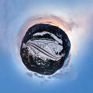 Abstract 360 Aerial Panoramic View of a scenic Highway passing in the Canadian Mountain Landscape during a colorful