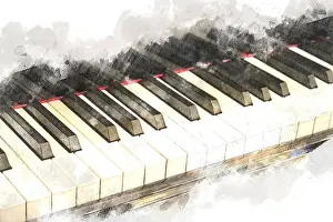Watercolor Painting Prints: Abstract beautiful keyboard of the piano foreground Watercolor painting background