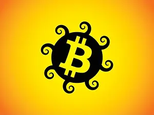 Cryptocurrency Prints: Abstract Bitcoin symbol on the orange - yellow gradient background