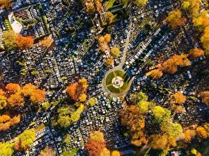 Necropolis Prints: Abstract Geometric Pattern in City Graveyard Cemetery. Aerial Top Down Drone View