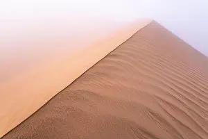 Abstract image of a patterned sand dune in dense fog on a winter morning. Liwa desert, Abu Dhabi, United Arab Emirates