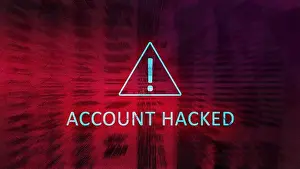 Authorized Prints: Account hacked concept with exclamation mark in warning triangle on red background