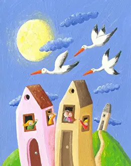 Acrylic Prints: Acrylic illustration of happy people in the village waving storks
