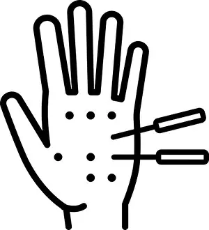 Heal Prints: Acupuncture thin line icon. Hand with needle