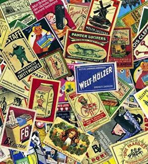 advertising, match labels with advertising, international labels from: Belgium, Great Britain, Netherlands, advertising for coffee, cigarette