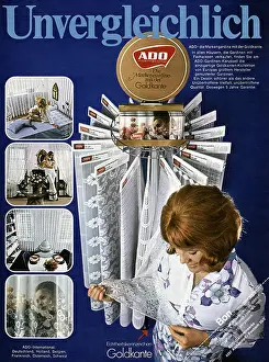 Fabrics Prints: advertising, textile, ADO net curtain with golden edge, advertisement, 1970