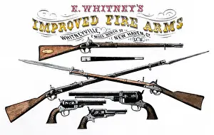 Connecticut Prints: Advertisement for Whitney's Improved Firearms, 1800s. Hand-colored woodcut