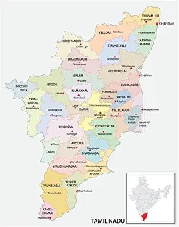 Tamil Nadu Prints: administrative and political map of indian state of Tamil Nadu, india