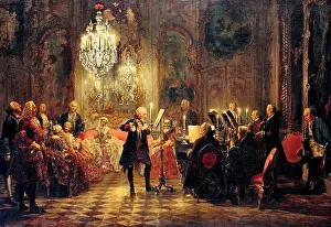 Flute Prints: Adolf Menzel, Flute Concert with Frederick the Great in Sanssouci 1850-52 Oil on canvas