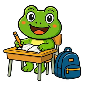 Back To School Prints: Adorable cartoon frog student sitting at a school desk