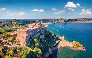 Lagoon Bay Prints: Adorable view from flying drone of Aragonese Castle of Baia