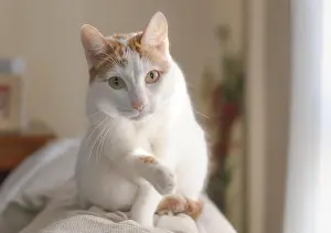 Domestic Cat Prints: Adorable white cat with brown spots climbed on a couch, stretching its paw