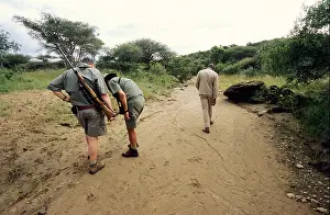 Adult men on African hunting safari studying tracks in dry river bed Namibia backgrounds landscapes destinations sport