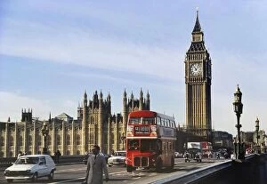 Images Dated 12th August 2019: AEC Double-decker Routemaster bus on Westminster Bridge passing Big Ben, Houses of Parliament