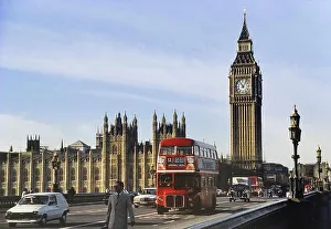 Palace Of Westminster Prints: AEC Double-decker Routemaster bus on Westminster Bridge passing Big Ben