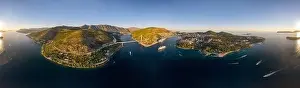Dalmatian Coast Prints: Aerial 360 panorama photo of Dubrovnik bridge Lapad peninsula in Adriatic sea in Croatia summer sunset