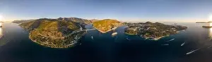 Dalmatian Coast Prints: Aerial 360 panorama photo of Dubrovnik bridge Lapad peninsula in Adriatic sea in Croatia summer sunset