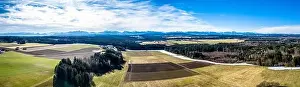 Karwendel Prints: Aerial Alpenvorland landscape with Mountain Range Alps in the back