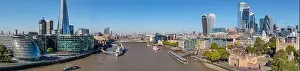 Embarkment Prints: Aerial cityscape panorama of the Thames river on a sunny day with the City Hall