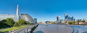 Aerial cityscape panorama of the Thames river on a sunny day with the City Hall