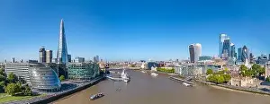 Shard Prints: Aerial cityscape panorama of the Thames river on a sunny day with the City Hall