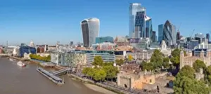 Lloyds Prints: Aerial cityscape of the Thames river on a sunny day with the City Financial district skyscrapers and Tower of London