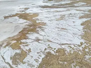 Salinas Grandes Prints: Aerial close up of the surface of the huge salt flats Salinas Grandes de Jujuy in northern Argentina while traveling