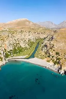 Clear Weather Prints: Aerial coastal view of Preveli Beach and Kourtaliotis River, Crete, Greece