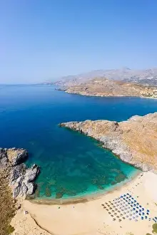 Beach Umbrellas Prints: Aerial coastal view of Skinaria Beach on the south coast of Crete, Greece
