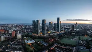 Deansgate Square Prints: Aerial of Deansgate Square Manchester UK in the blue zone just before sunrise