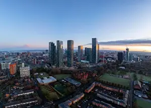 Deansgate Square Prints: Aerial of Deansgate Square Manchester UK in the blue zone just before sunrise