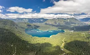 Garmisch Prints: Aerial droe shot of Eibsee Lake at foot of Zugspitze in Germany