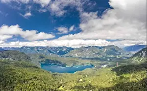 Garmisch Prints: Aerial droe shot of Eibsee Lake at foot of Zugspitze in Germany