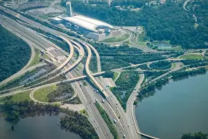Potomac River Prints: Aerial drone airplane view of cityscape near Oxon Hill in Washington DC with i495 highway capital beltway outer loop