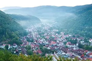 Aerial drone bird's eye view photo of european village of central europe with red roofs and cozy streets