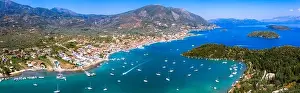 Summer Lake Prints: Aerial drone bird's eye view photo of iconic port of Nidri or Nydri