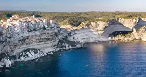 Limestone Cliffs Prints: Aerial drone Bonifacio Corsica France cliff side historic town