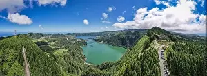Hidden Gem Prints: Aerial Drone capture of the iconic Vista do Rei viewpoint showcasing the breathtaking Sete Cidades lagoons