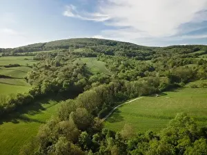 Hill Spring Prints: aerial drone flight over green meadows and forest in lower austria