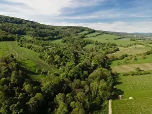 aerial drone flight over green meadows and forest in lower austria