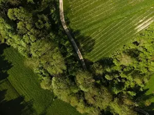 Hill Spring Prints: aerial drone flight over green meadows and forest in lower austria