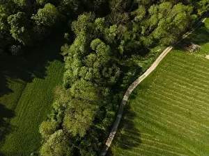 aerial drone flight over green meadows and forest in lower austria