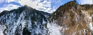 Rock Hill Prints: aerial drone flight panoramic view of the oetschergraeben in austria in winter