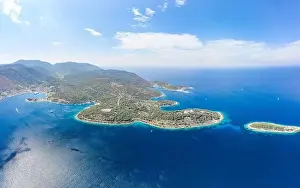 Helipad Prints: Aerial drone high angle shot of peninsula of Vis Island coastline in Adriatic sea in Croatia summer